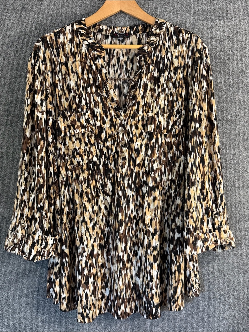Cocomo Womans 3X Top Brown Tan Abstract Print Roll Tab Sleeve Office Stretch